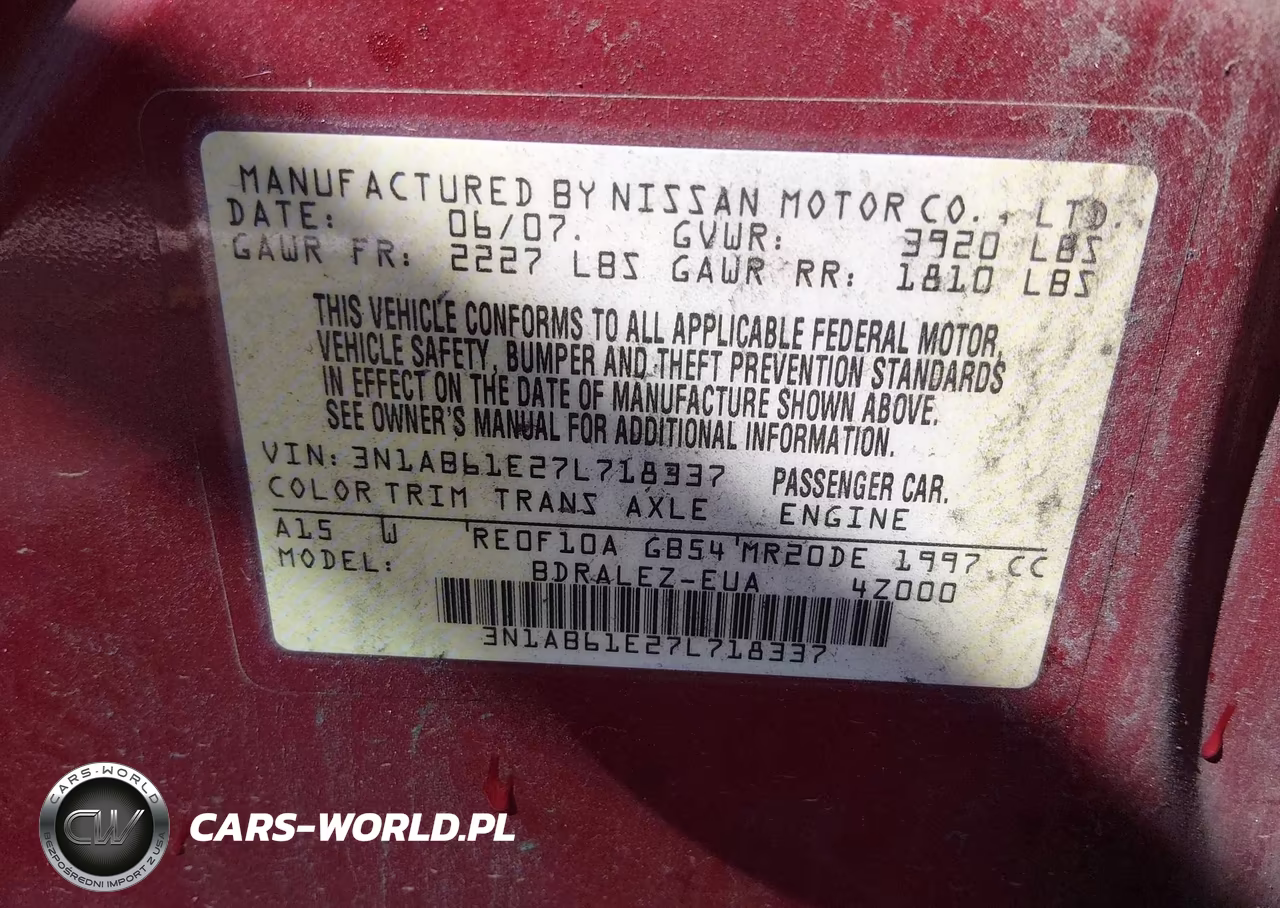 2007 Nissan Sentra 2.0S VIN:3N1AB61E27L718337 - 9