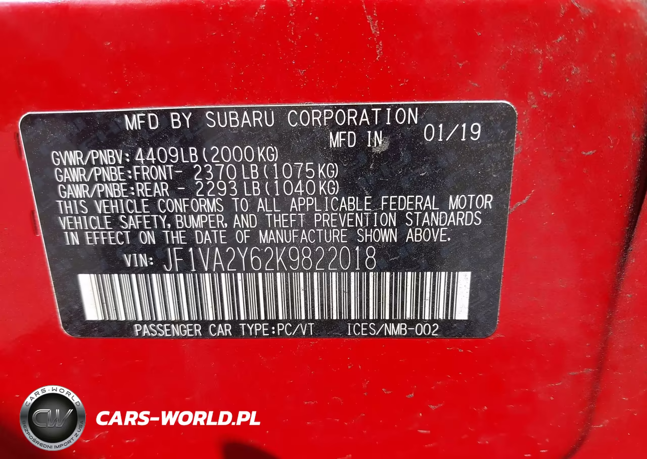 2019 Subaru Wrx Sti Limited VIN:JF1VA2Y62K9822018 - 9