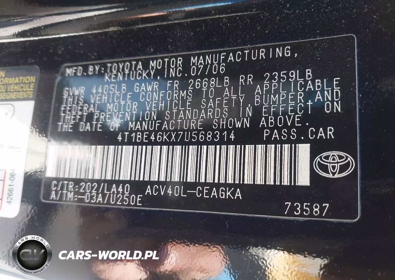 2007 Toyota Camry Xle VIN:4T1BE46KX7U568314 - 9