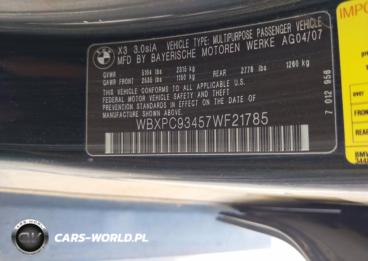 2007 BMW X3 3.0Si VIN:WBXPC93457WF21785 - 9