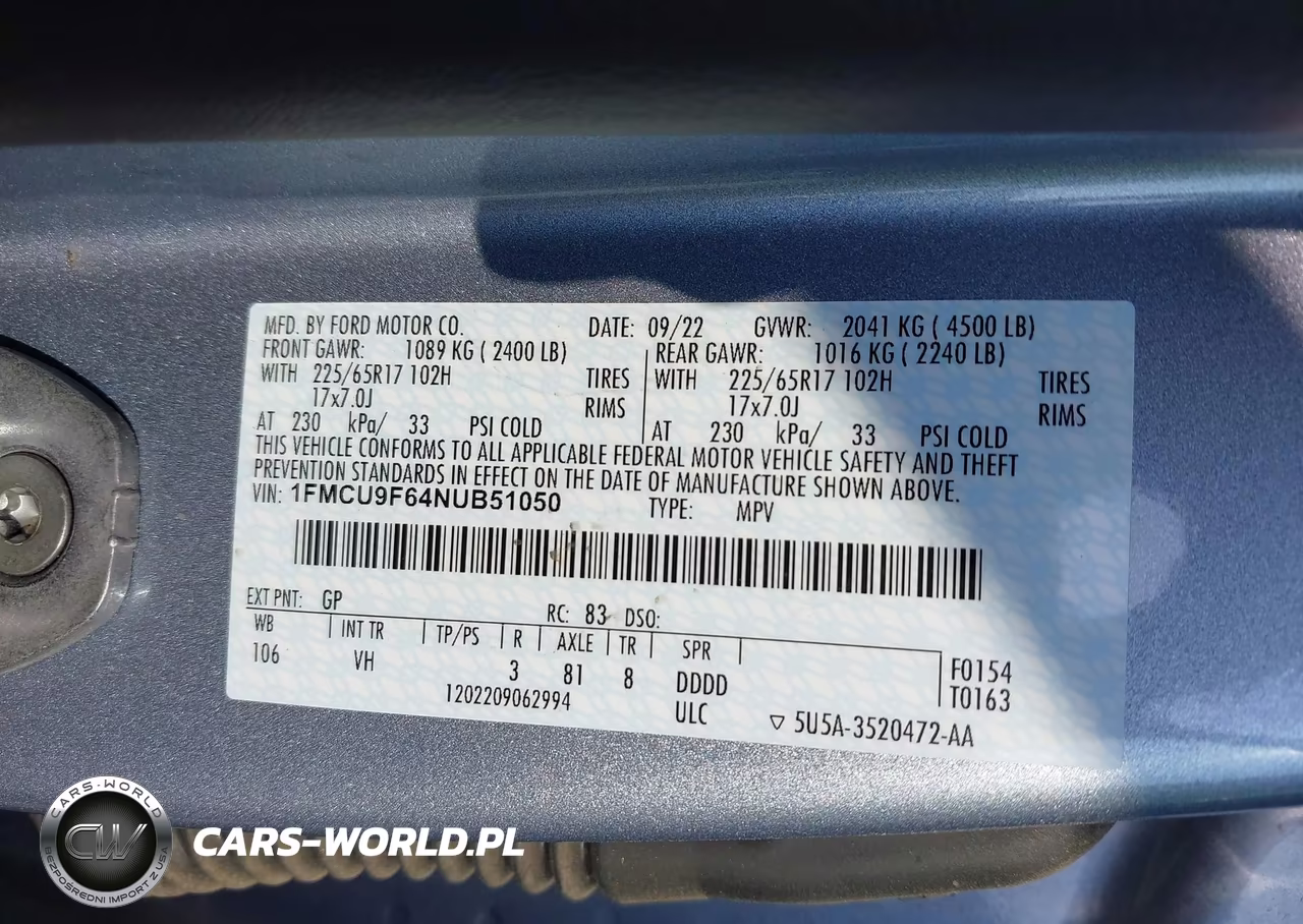 2022 Ford Escape S VIN:1FMCU9F64NUB51050 - 9