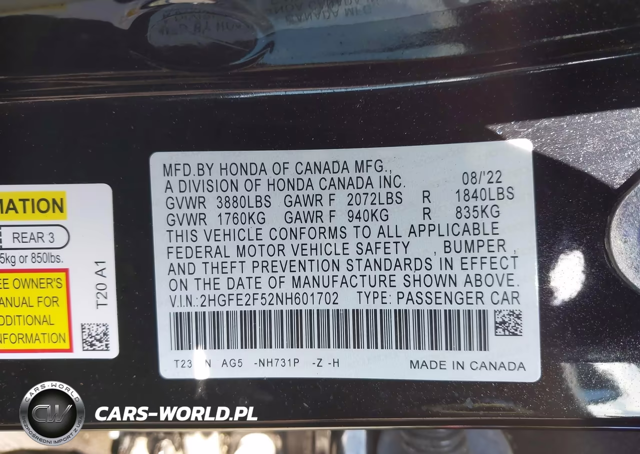 2022 Honda Civic Sport VIN:2HGFE2F52NH601702 - 9