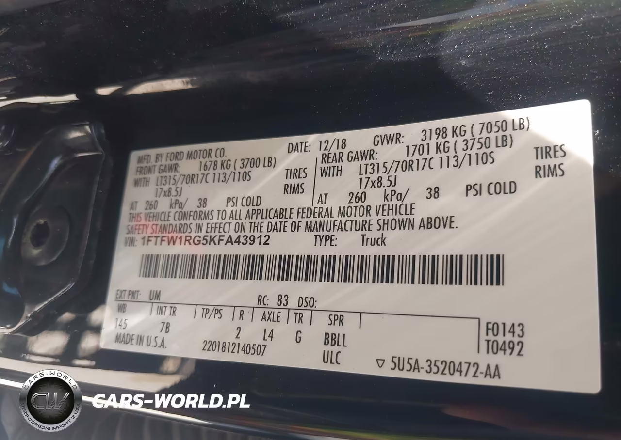 2019 Ford F-150 Raptor VIN:1FTFW1RG5KFA43912 - 9