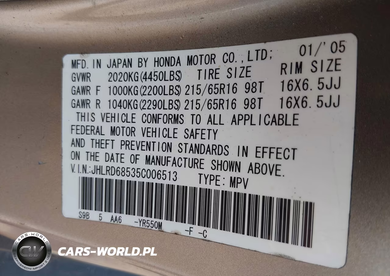 2005 Honda Cr-V Lx VIN:JHLRD68535C006513 - 9