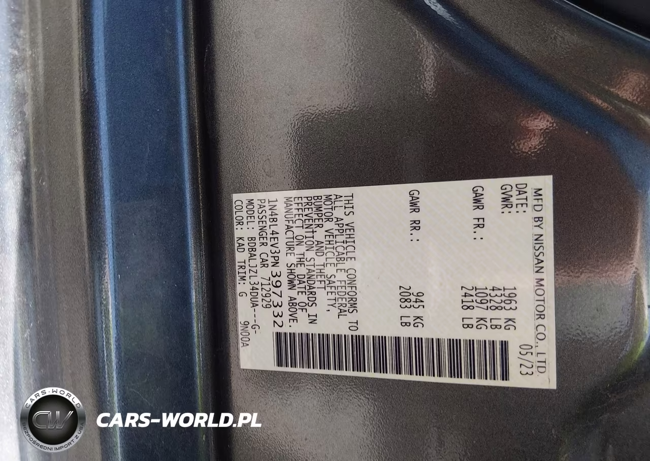 2023 Nissan Altima Sl Fwd VIN:1N4BL4EV3PN397332 - 9