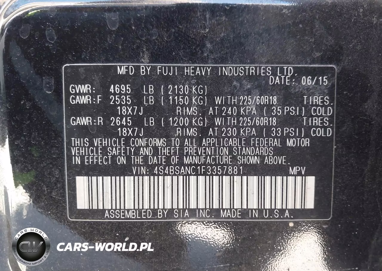 2015 Subaru Outback 2.5I Limited VIN:4S4BSANC1F3357881 - 9