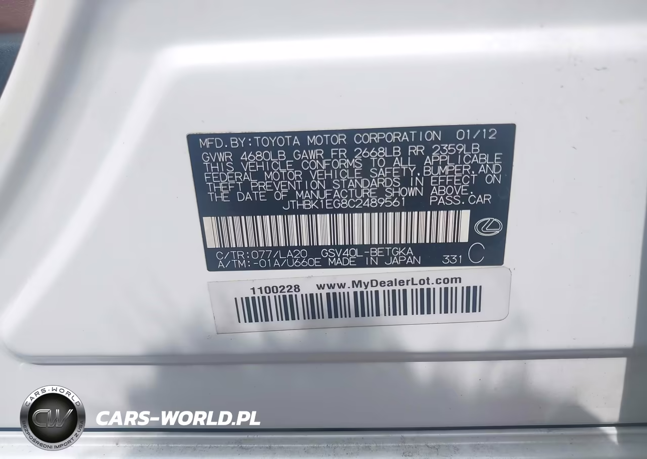 2012 Lexus Es 350 VIN:JTHBK1EG8C2489561 - 9