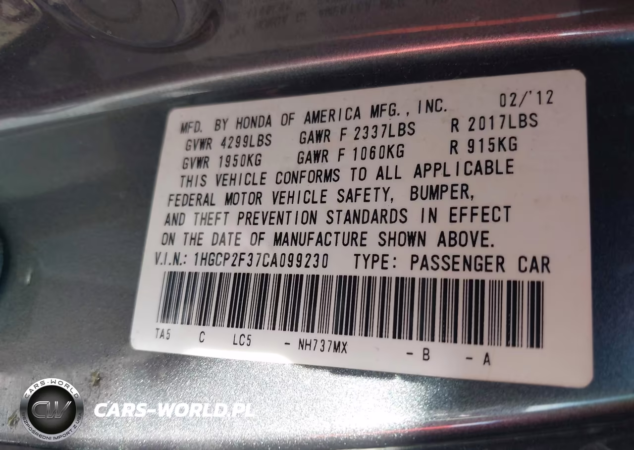2012 Honda Accord Sdn Lx VIN:1HGCP2F37CA099230 - 9