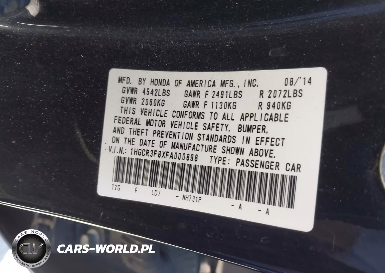 2015 Honda Accord Ex-L V-6 VIN:1HGCR3F8XFA000898 - 9
