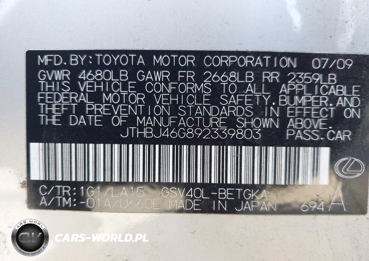 2009 Lexus Es 350 VIN:JTHBJ46G892339803 - 9