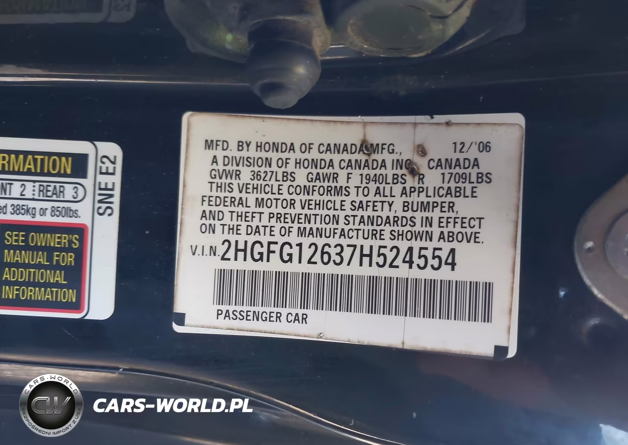 2007 Honda Civic Lx VIN:2HGFG12637H524554 - 9