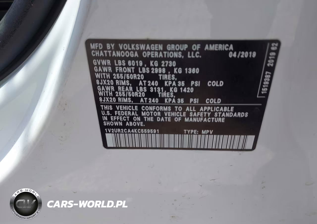 2019 Volkswagen Atlas 3.6L V6 Se W-Technology VIN:1V2UR2CA4KC559591 - 9