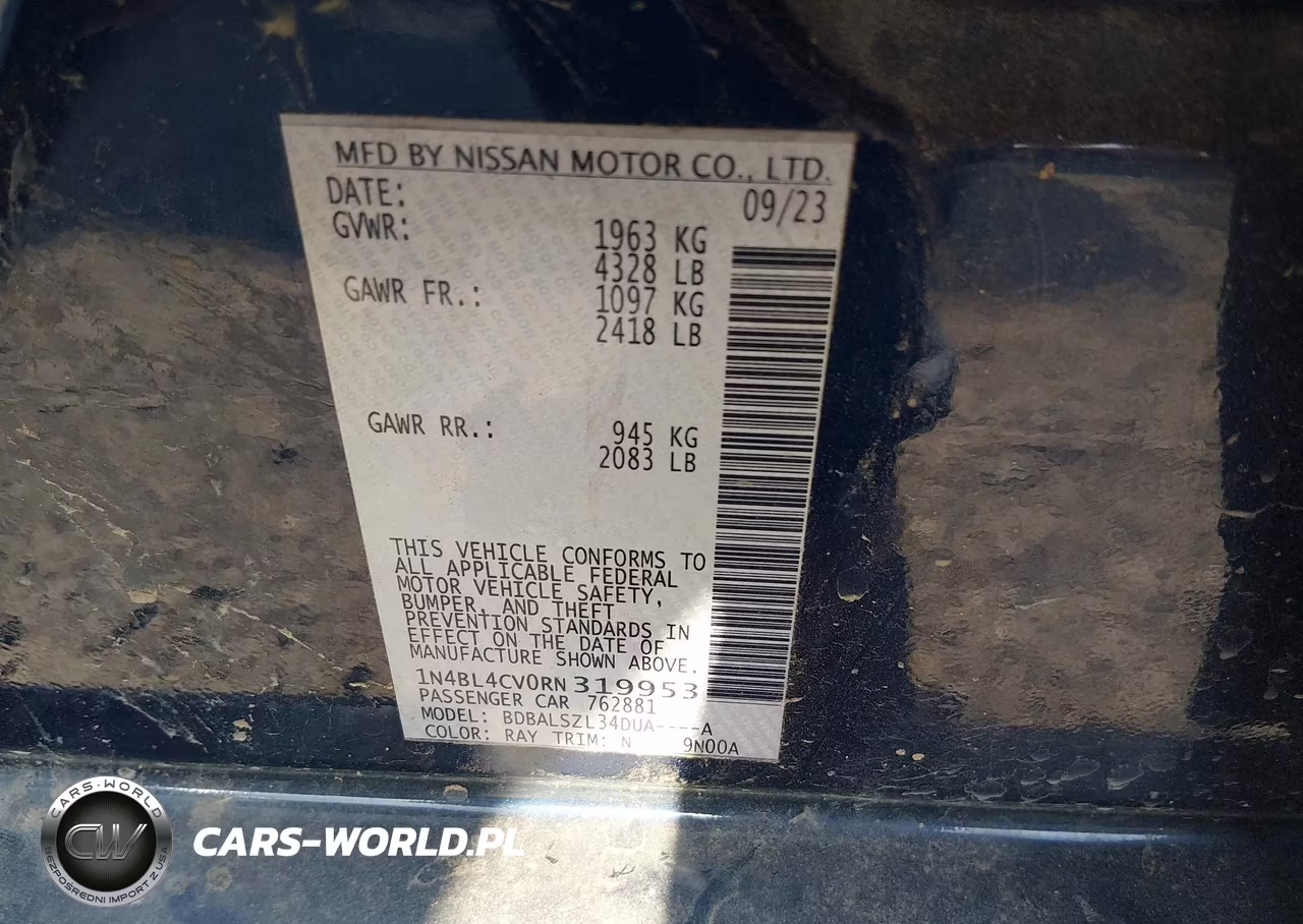 2024 Nissan Altima Sr Fwd VIN:1N4BL4CV0RN319953 - 9