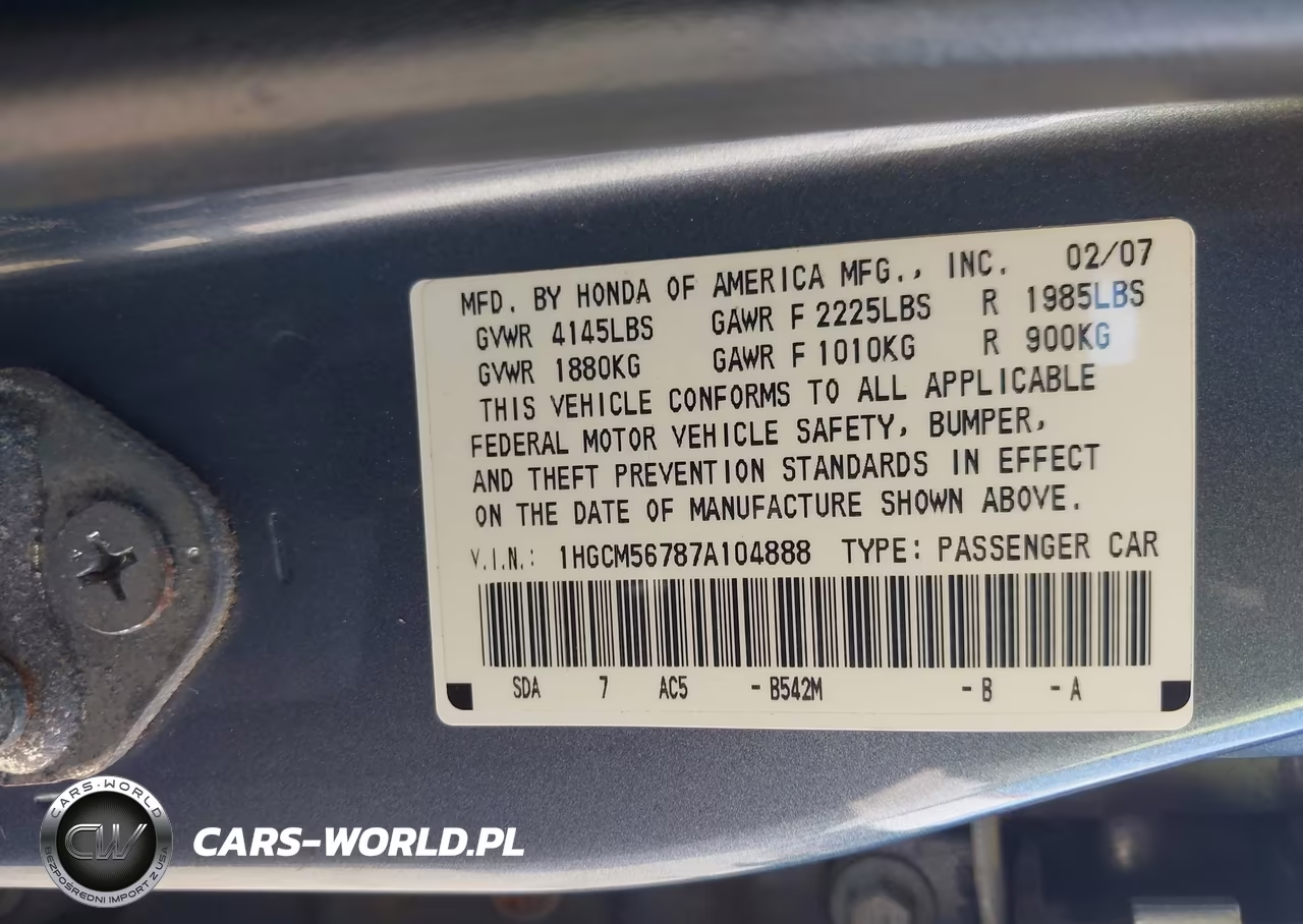 2007 Honda Accord 2.4 Ex VIN:1HGCM56787A104888 - 9
