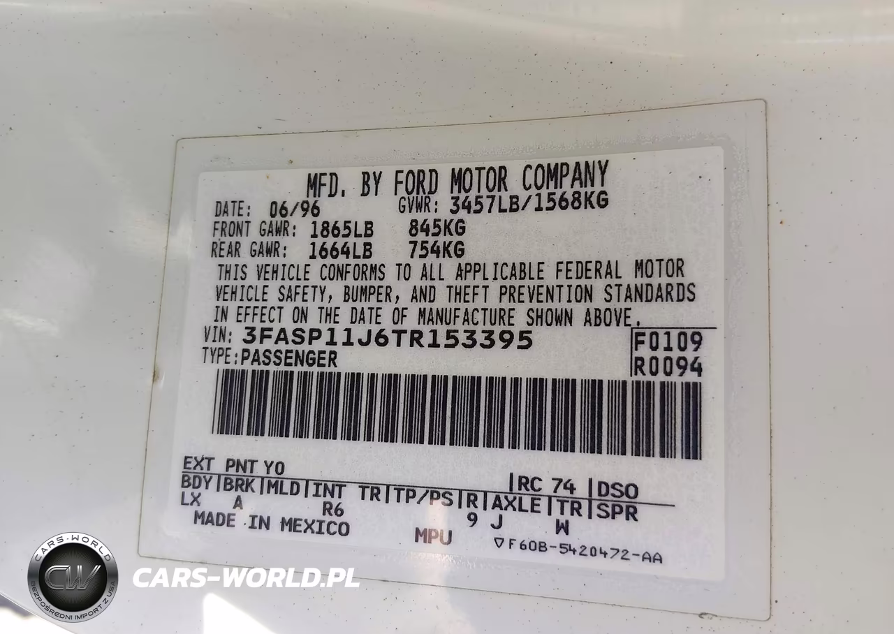 1996 Ford Escort Lx VIN:3FASP11J6TR153395 - 9