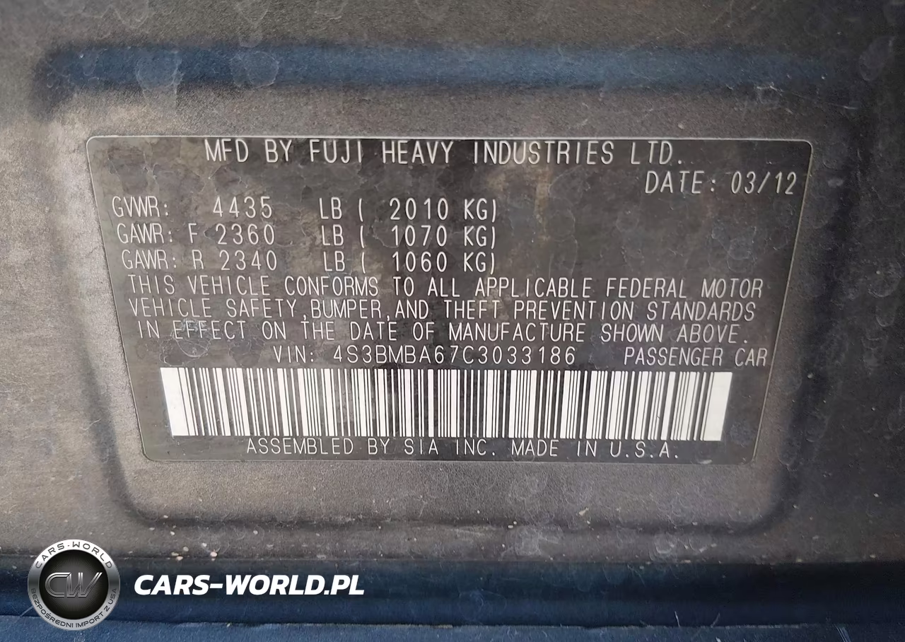 2012 Subaru Legacy 2.5I VIN:4S3BMBA67C3033186 - 9