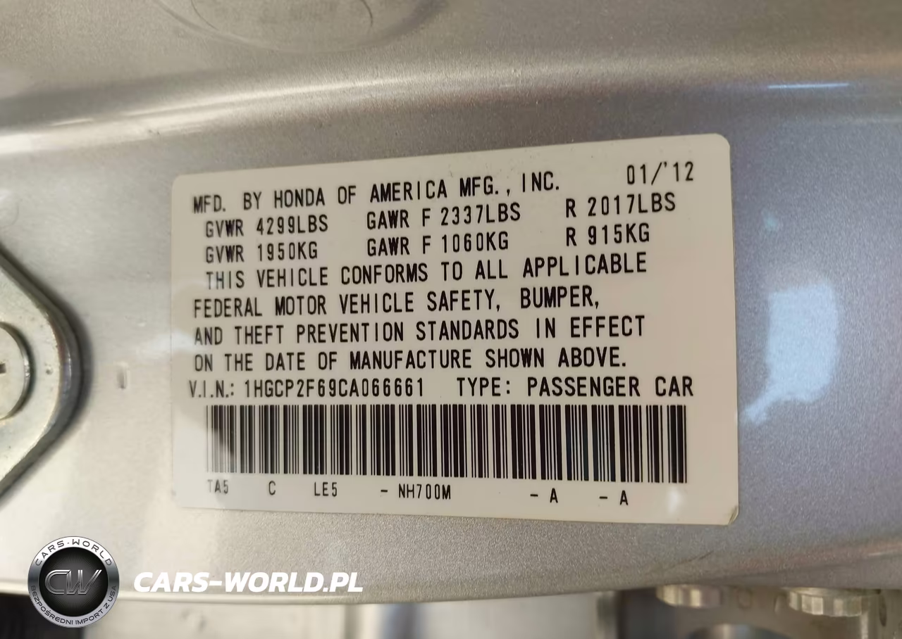 2012 Honda Accord 2.4 Se VIN:1HGCP2F69CA066661 - 9