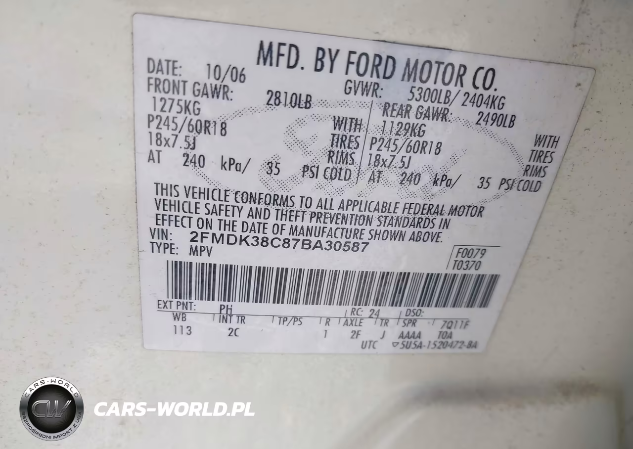 2007 Ford Edge Sel VIN:2FMDK38C87BA30587 - 9