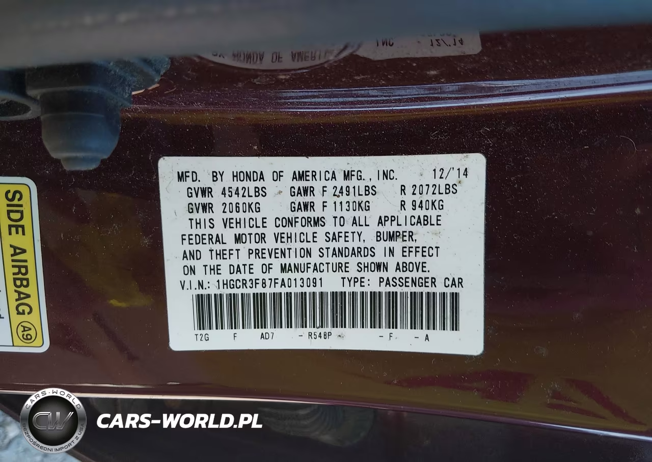 2015 Honda Accord Ex-L V-6 VIN:1HGCR3F87FA013091 - 9