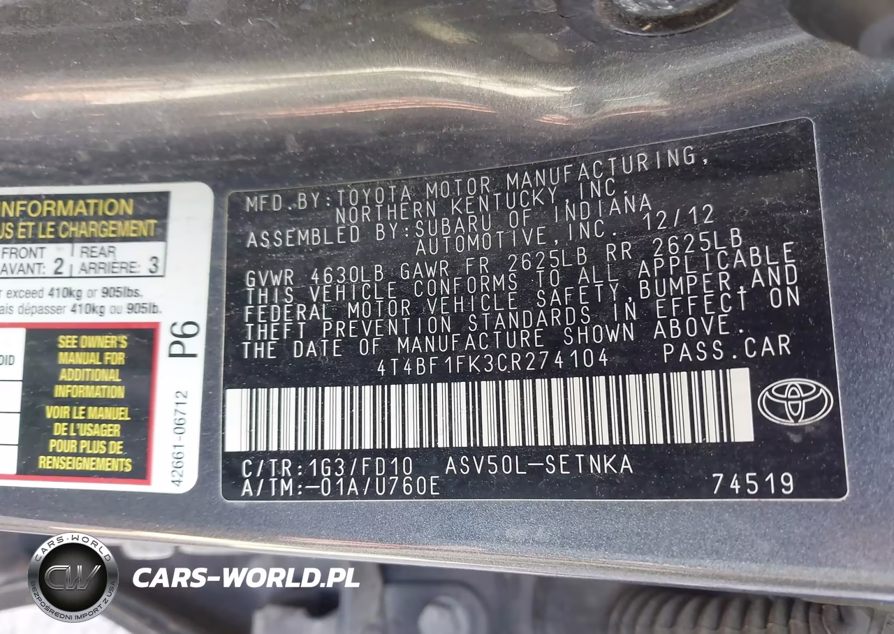 2012 Toyota Camry Le VIN:4T4BF1FK3CR274104 - 9