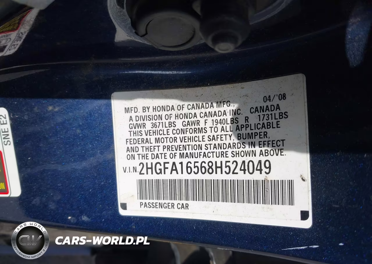 2008 Honda Civic Lx VIN:2HGFA16568H524049 - 9