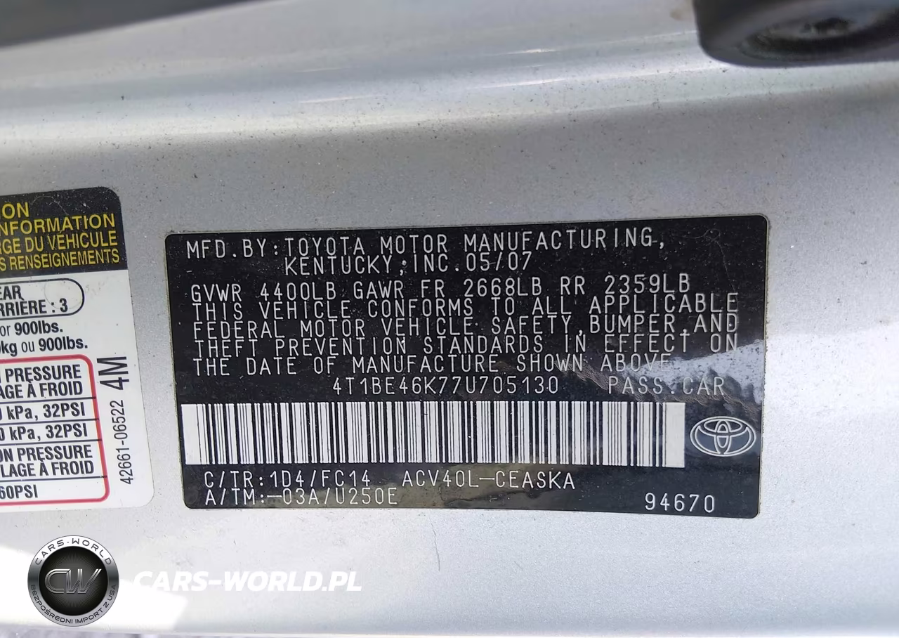 2007 Toyota Camry Se VIN:4T1BE46K77U705130 - 9