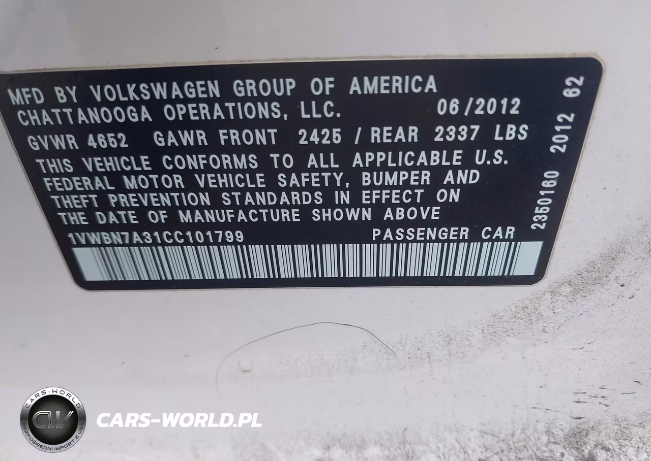 2012 Volkswagen Passat 2.0L Tdi Se VIN:1VWBN7A31CC101799 - 9