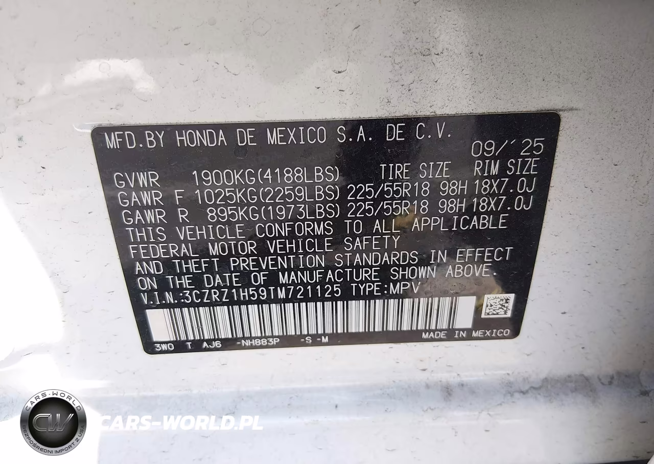 2026 Honda Hr-V 2Wd Sport VIN:3CZRZ1H59TM721125 - 9