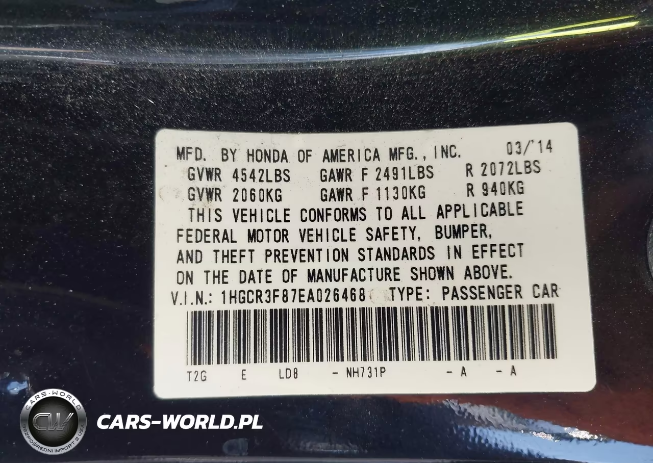 2014 Honda Accord Ex-L V-6 VIN:1HGCR3F87EA026468 - 9