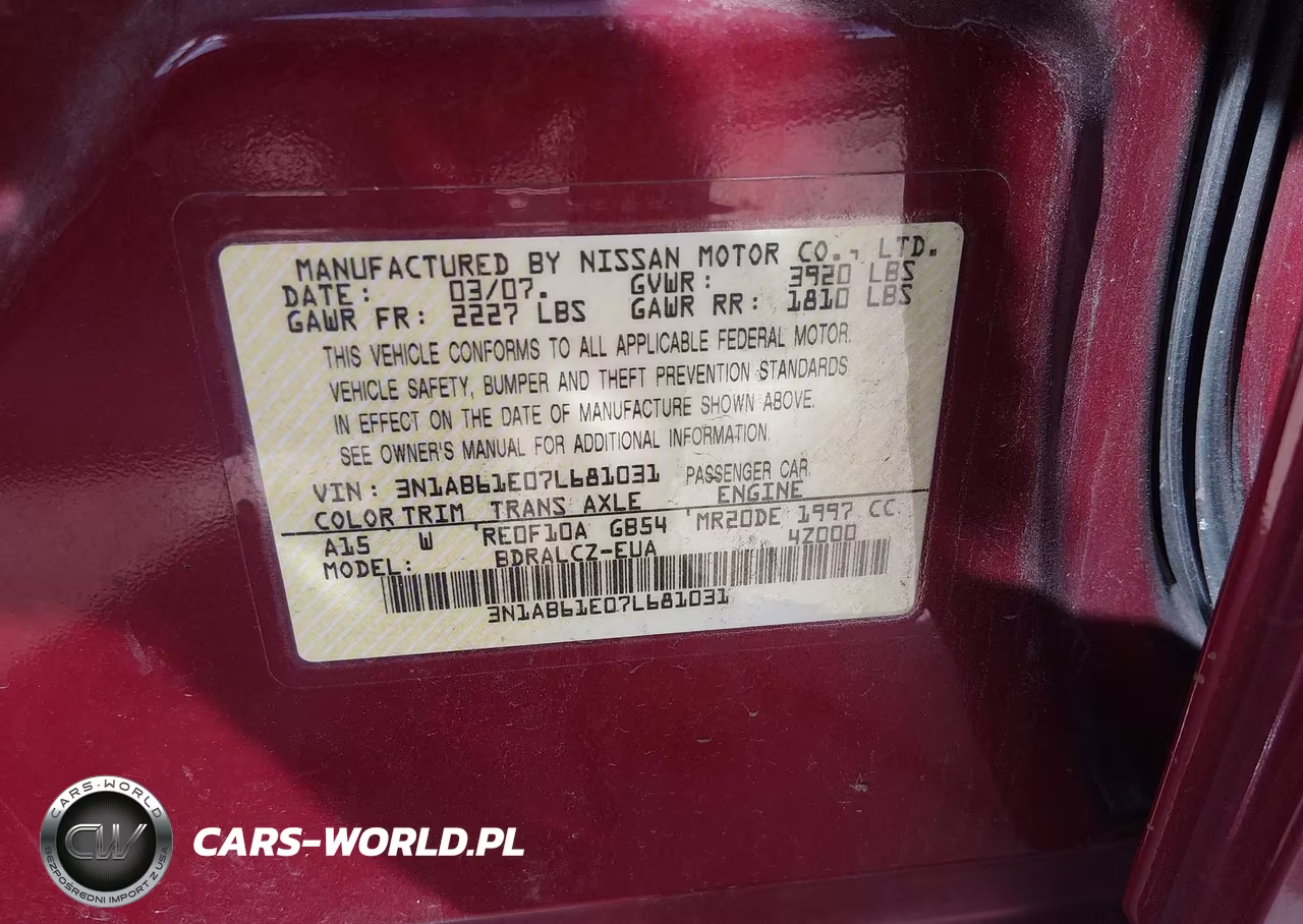 2007 Nissan Sentra 2.0 VIN:3N1AB61E07L681031 - 9