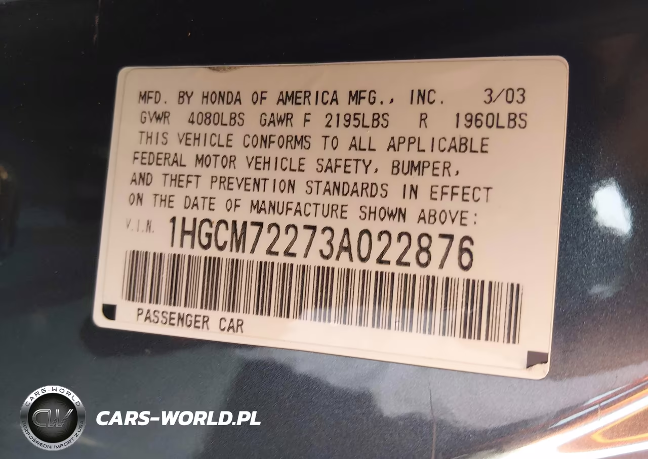 2003 Honda Accord 2.4 Lx VIN:1HGCM72273A022876 - 9