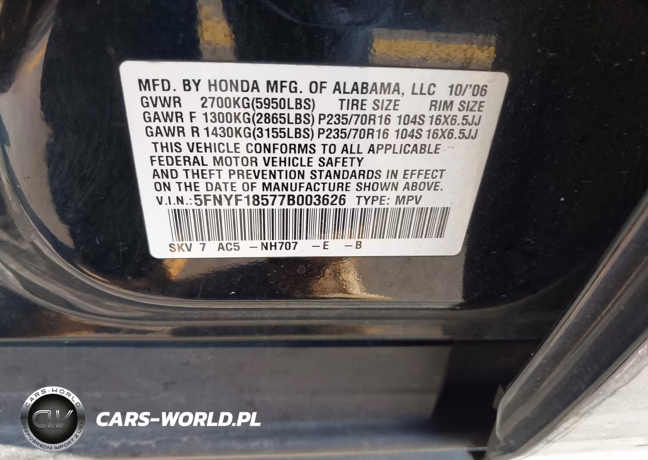 2007 Honda Pilot Ex-L VIN:5FNYF18577B003626 - 9