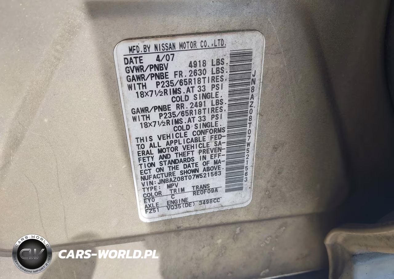 2007 Nissan Murano S VIN:JN8AZ08T07W521563 - 9