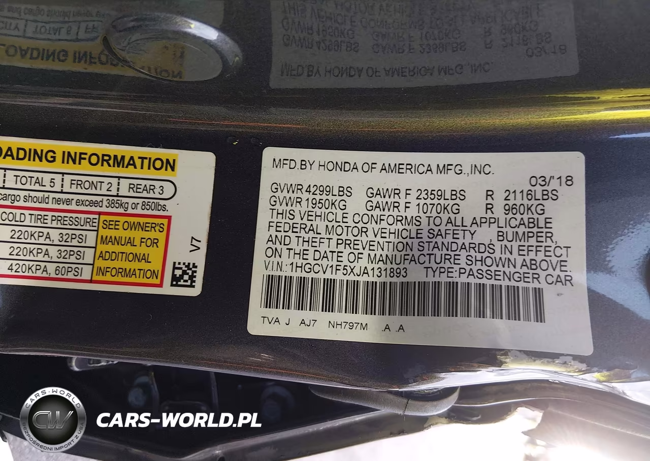 2018 Honda Accord Ex-L VIN:1HGCV1F5XJA131893 - 9