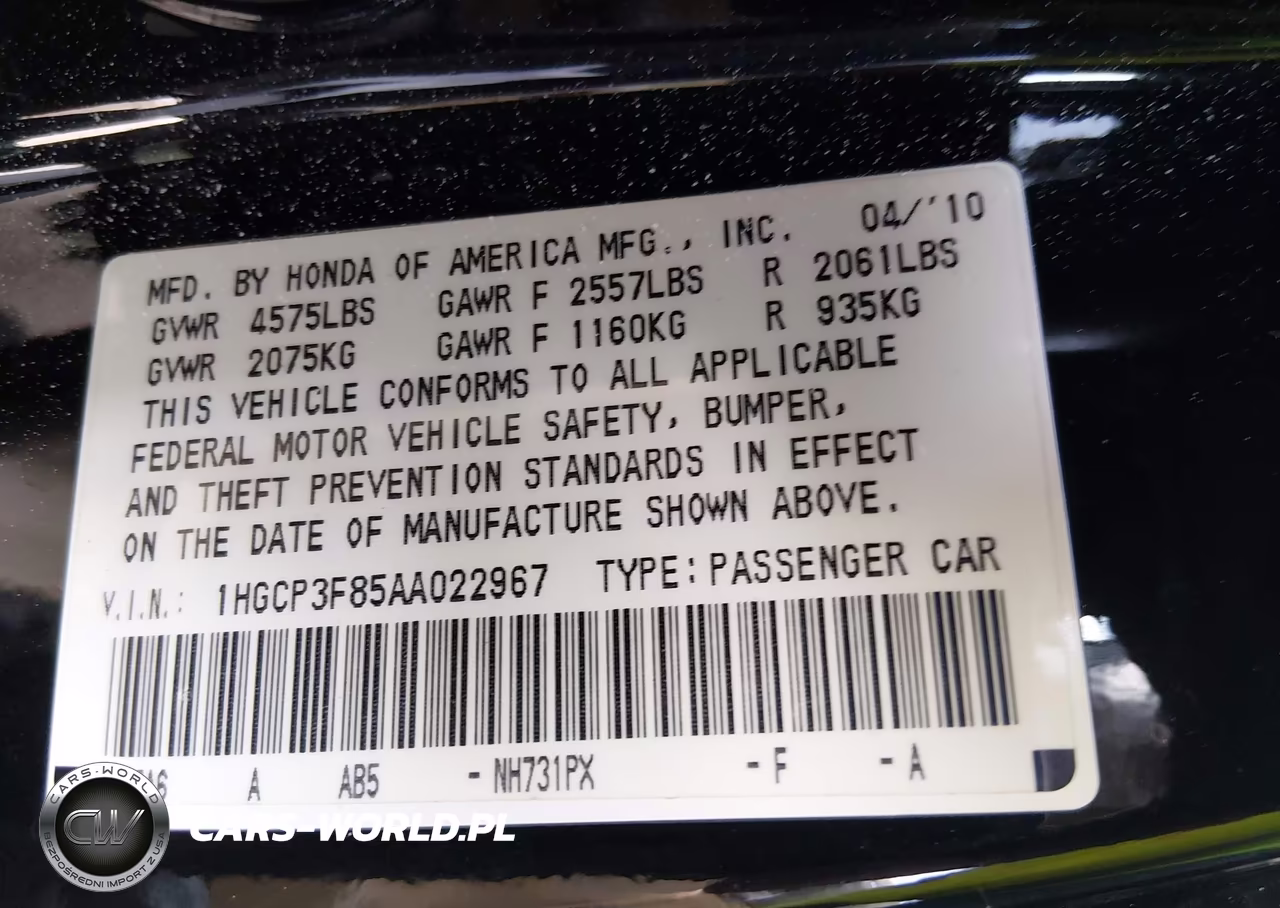 HONDA ACCORD EXL VIN:1HGCP3F85AA022967 - 9