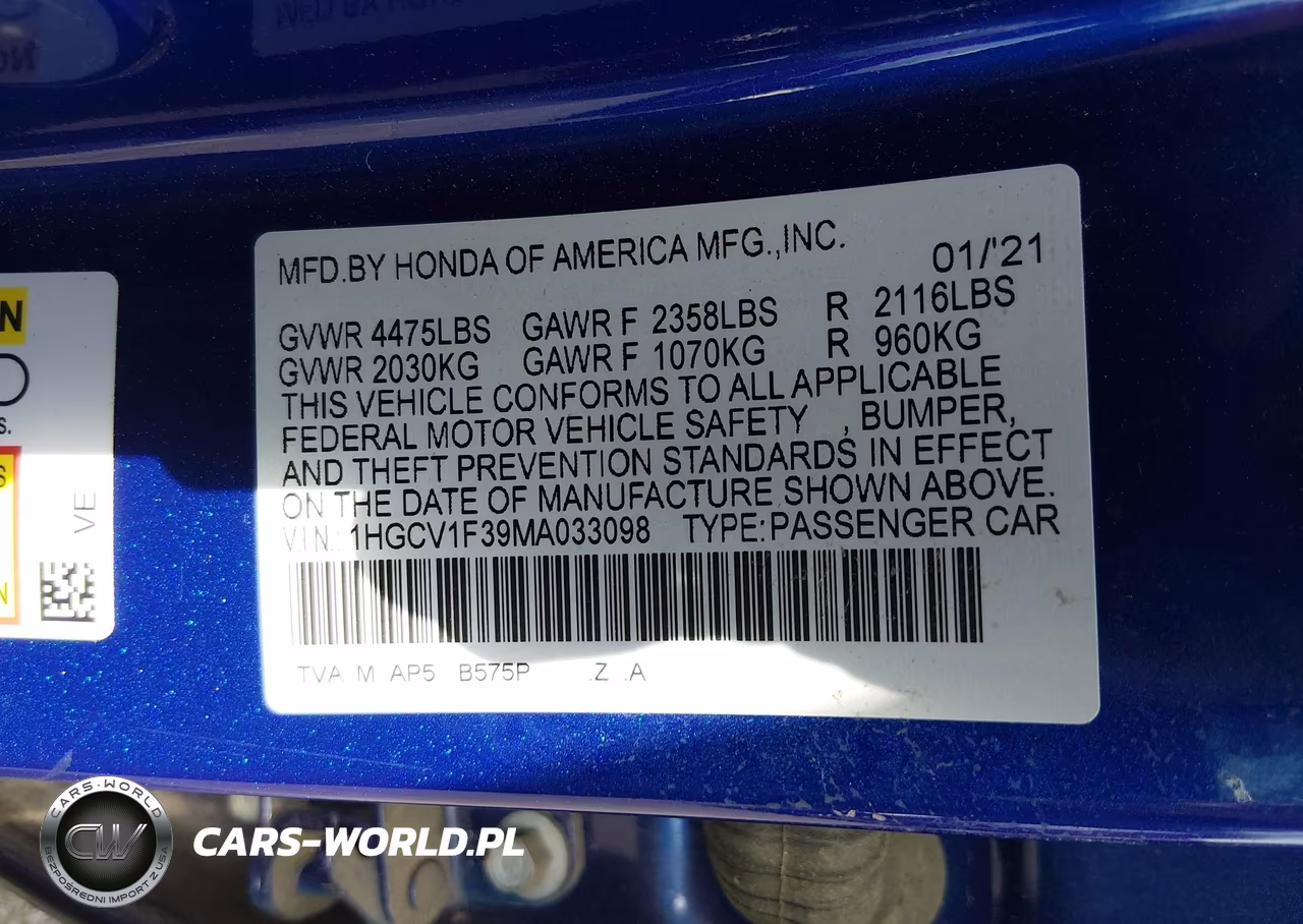 2021 Honda Accord Sport VIN:1HGCV1F39MA033098 - 9