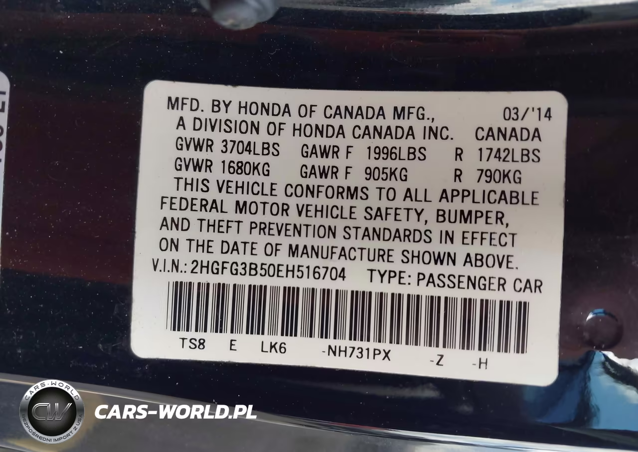 2014 Honda Civic Lx VIN:2HGFG3B50EH516704 - 9
