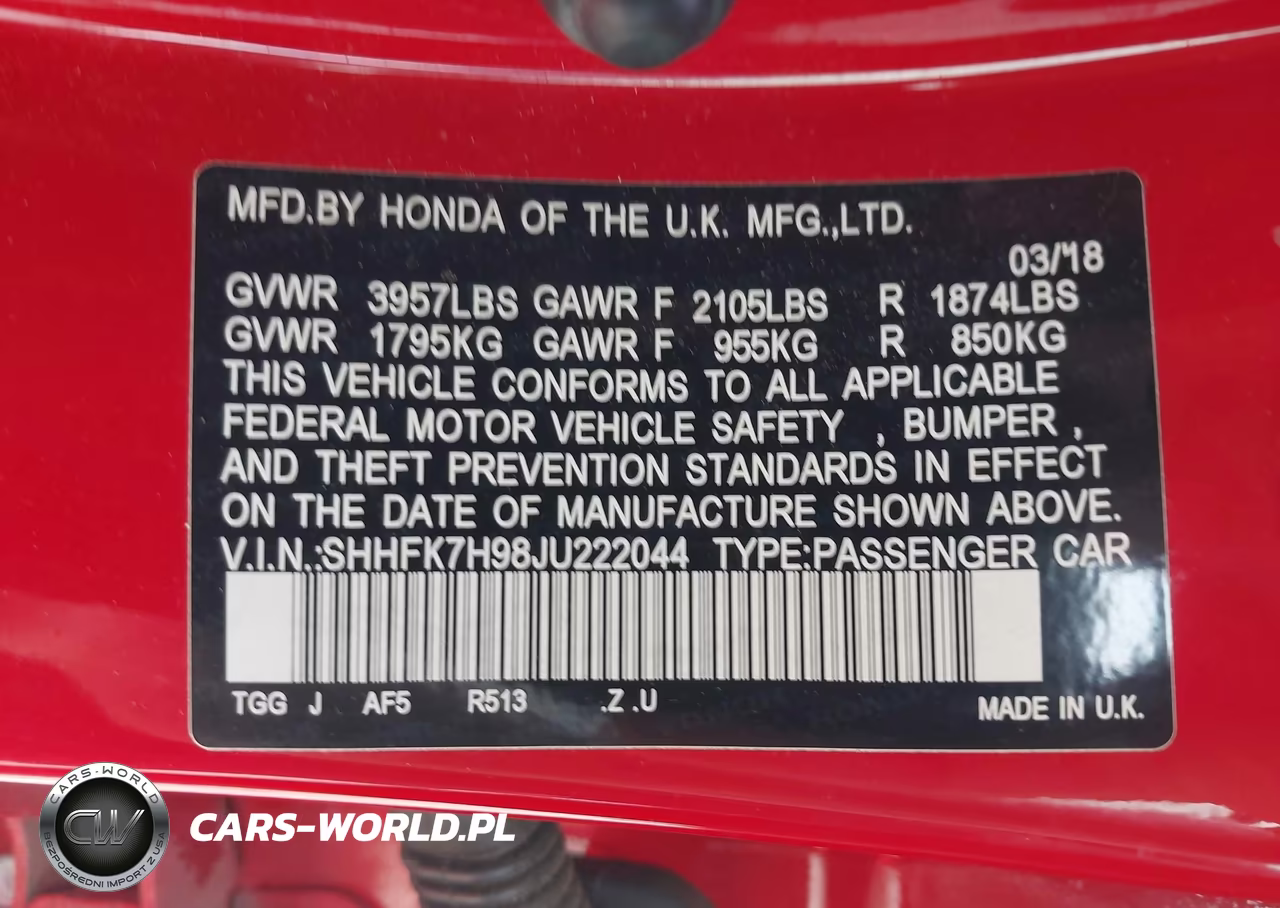 2018 Honda Civic Sport Touring VIN:SHHFK7H98JU222044 - 9