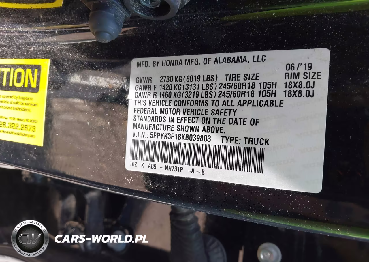 2019 Honda Ridgeline Sport VIN:5FPYK3F18KB039803 - 8