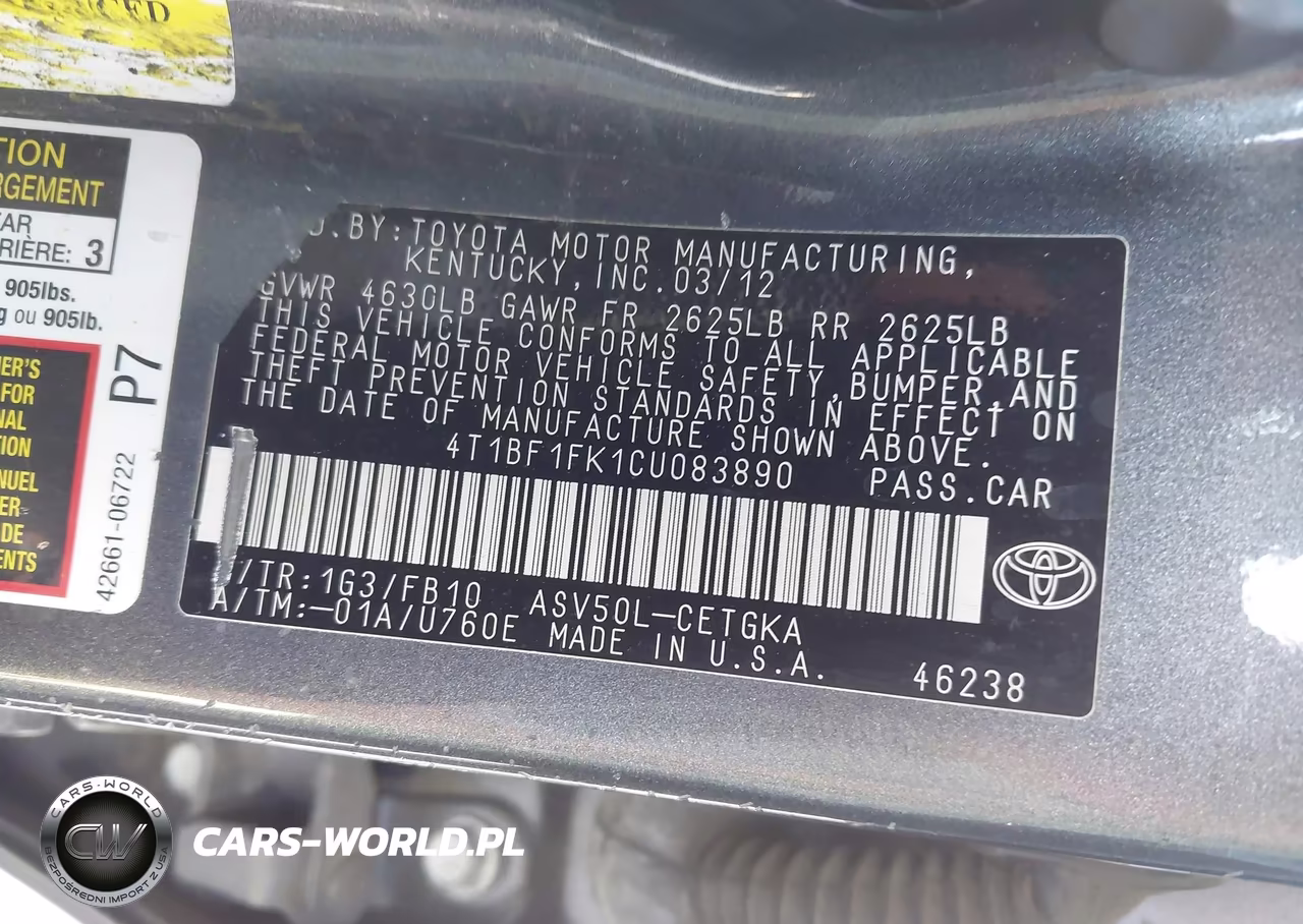 2012 Toyota Camry Xle VIN:4T1BF1FK1CU083890 - 9