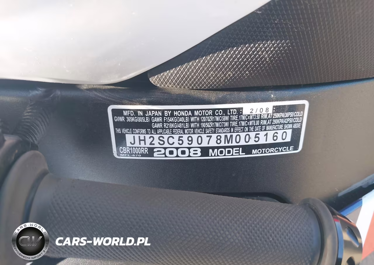 2008 Honda Cbr1000 Rr VIN:JH2SC59078M005160 - 10