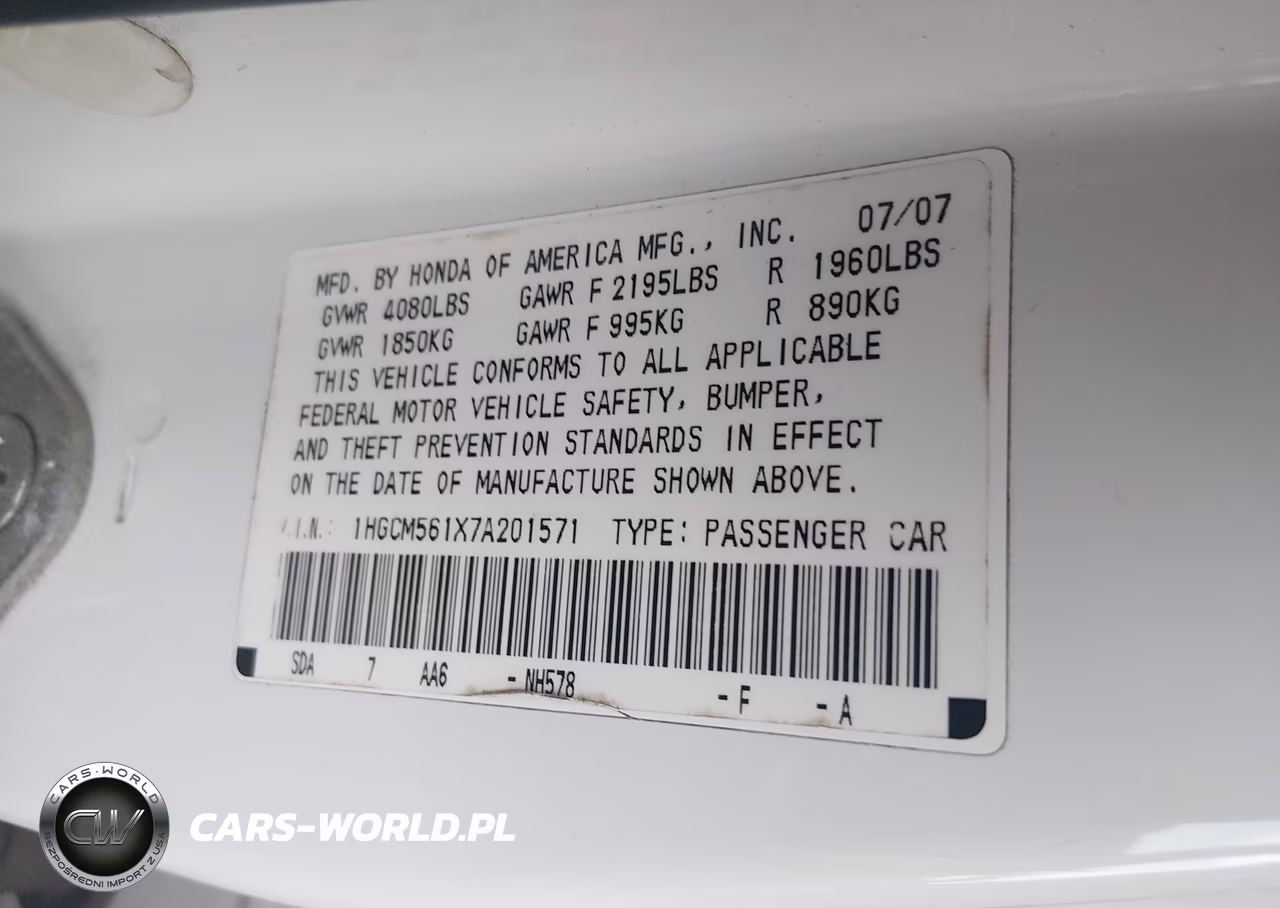 2007 Honda Accord 2.4 Vp VIN:1HGCM561X7A201571 - 9
