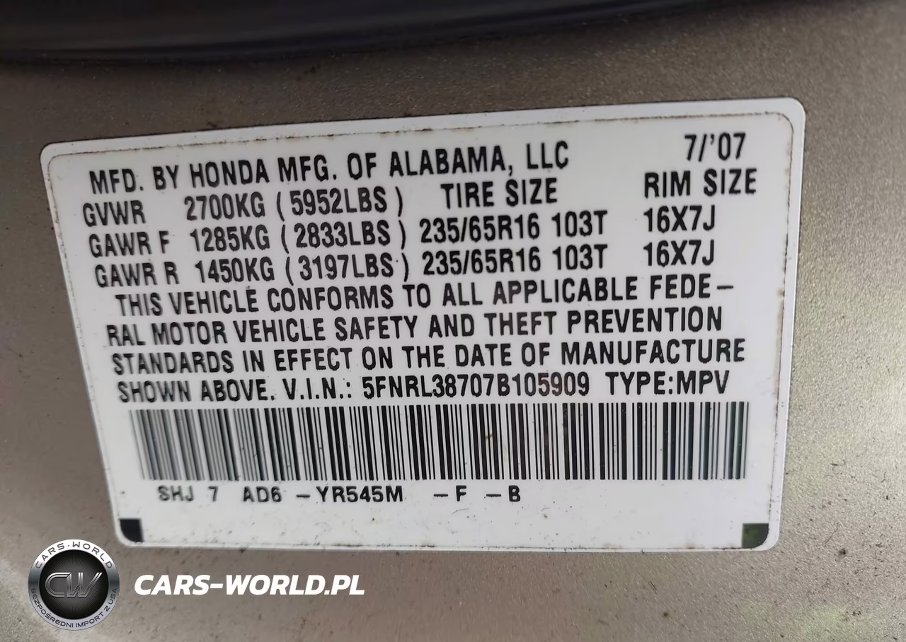 2007 Honda Odyssey Ex-L VIN:5FNRL38707B105909 - 9