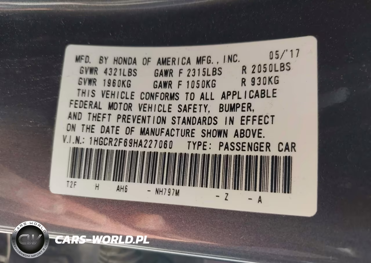 2017 Honda Accord Sport VIN:1HGCR2F69HA227060 - 9