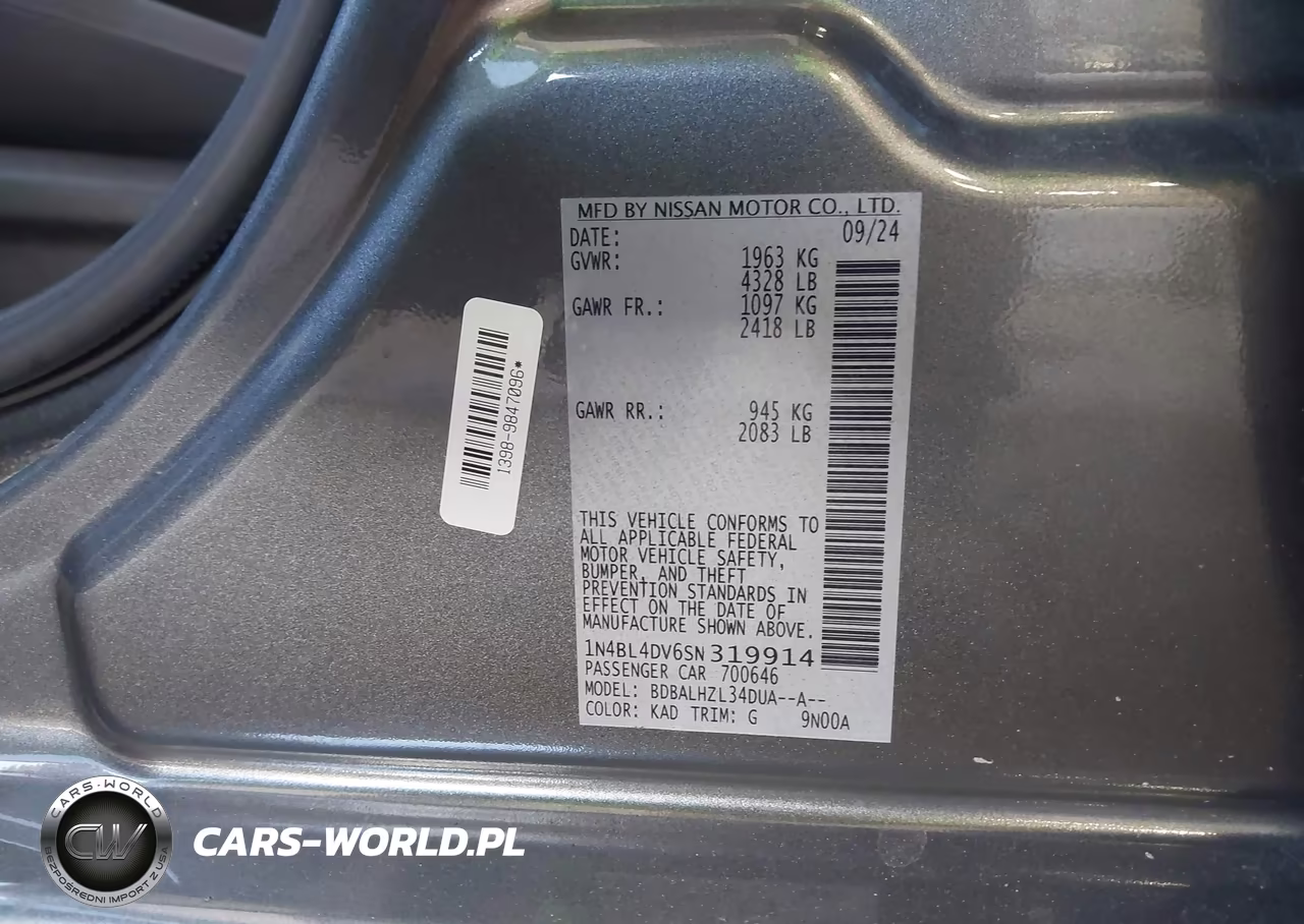 2025 Nissan Altima Sv Fwd VIN:1N4BL4DV6SN319914 - 9