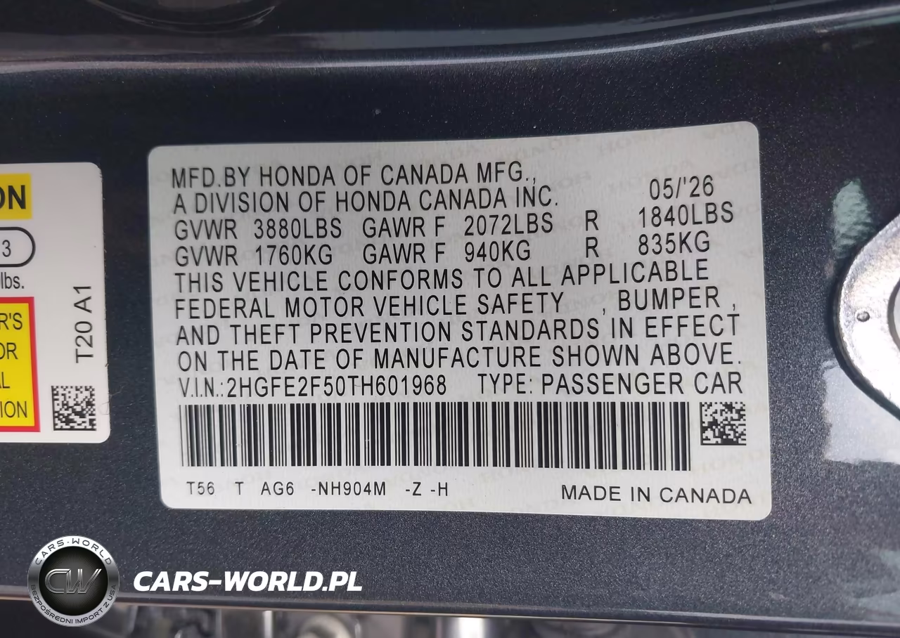 2026 Honda Civic Sport VIN:2HGFE2F50TH601968 - 9