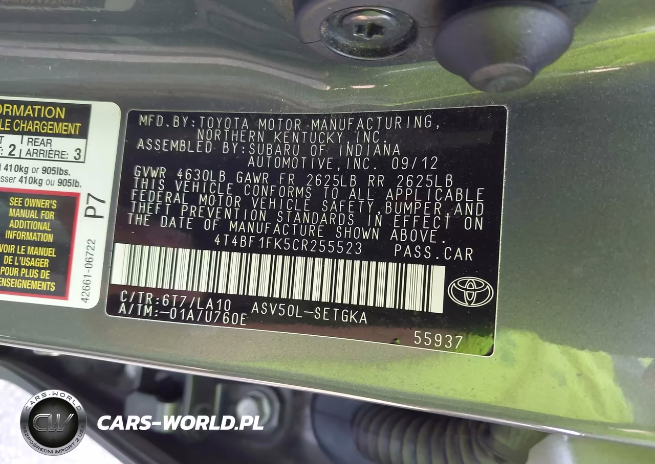 2012 Toyota Camry Xle VIN:4T4BF1FK5CR255523 - 9