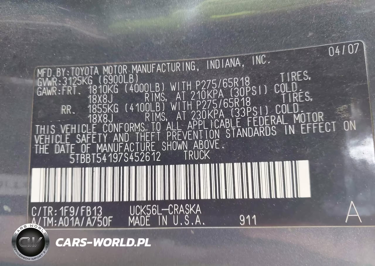 2007 Toyota Tundra Sr5 4.7L V8 VIN:5TBBT54197S452612 - 9