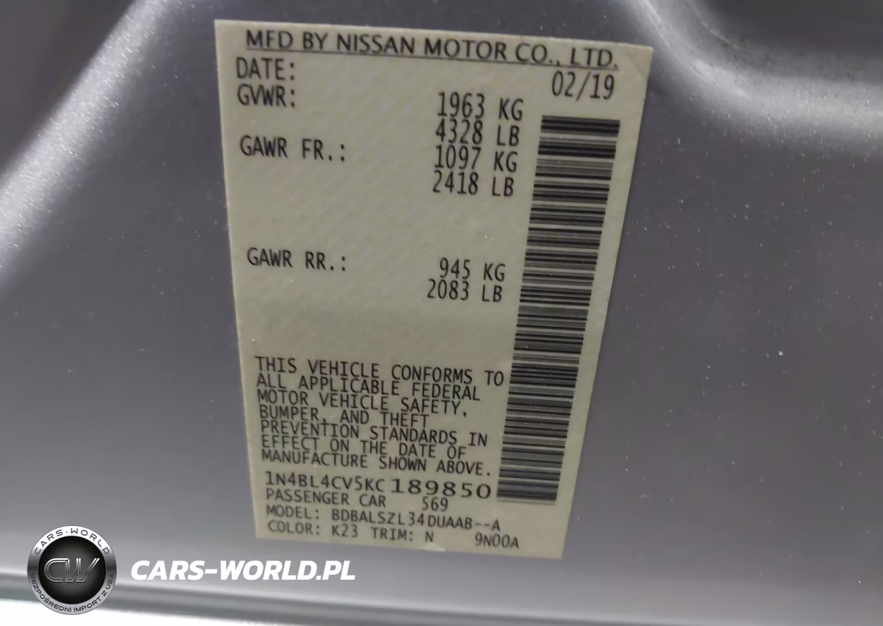 2019 Nissan Altima 2.5 Sr VIN:1N4BL4CV5KC189850 - 9