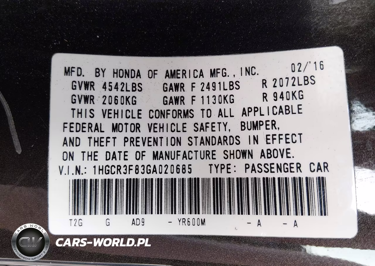 2016 Honda Accord Ex-L V-6 VIN:1HGCR3F83GA020685 - 9